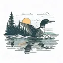 common loon taking off from a lake in front of a pine tree with the sun setting behind it tattoo design idea