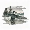 common loon taking off from a lake in front of a pine tree with the sun setting behind it tattoo design idea