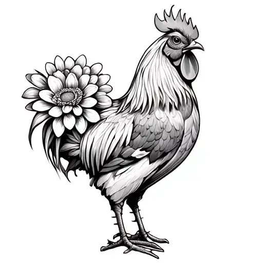 rooster with chrysanthemum flower tattoo design idea