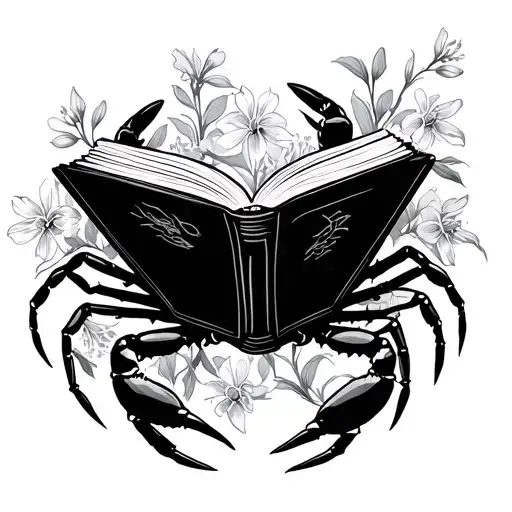 crab reading a book surrounded by larkspur tattoo design idea