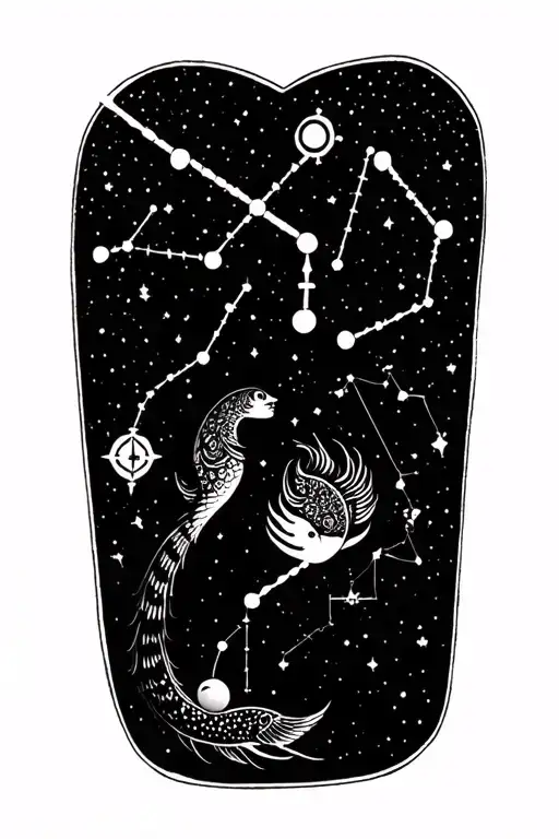 show me aesthetically connected tattoo of family members zodiac constellations: pisces, libra, libra, sagittarius, leo tattoo design idea