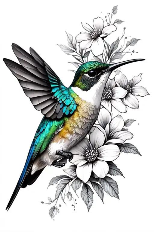 humming bird with flowers tattoo design idea