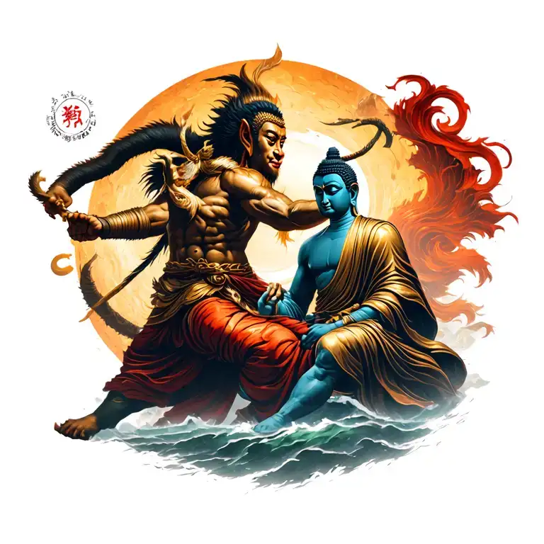 sun wukong vs buddha epic battle scene tattoo design idea