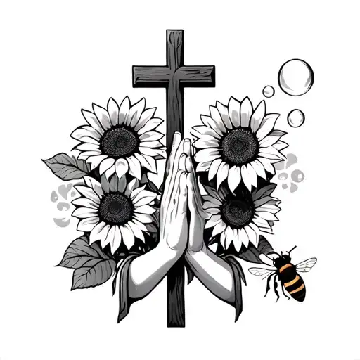 cross behind praying hands surrounded with two sunflowers & a Bubble bee tattoo design idea