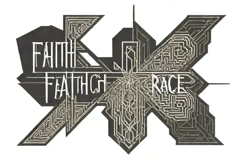 a negative space cross, the words Faith and Grace on a background of geometric lines tattoo design idea