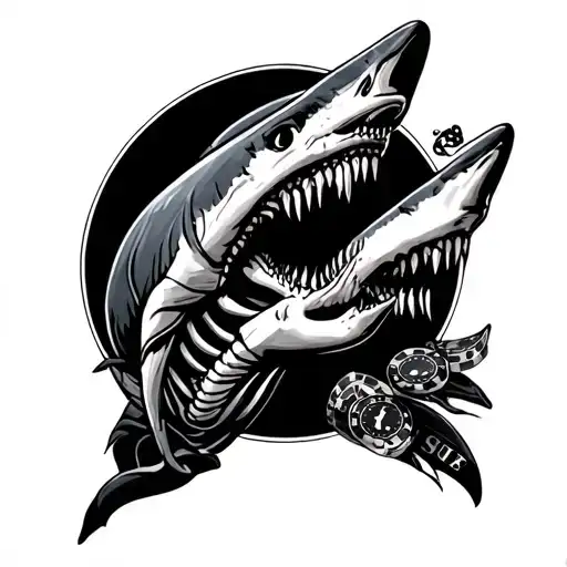 Casino arm theame with skeleton shark and 86 tattoo design idea
