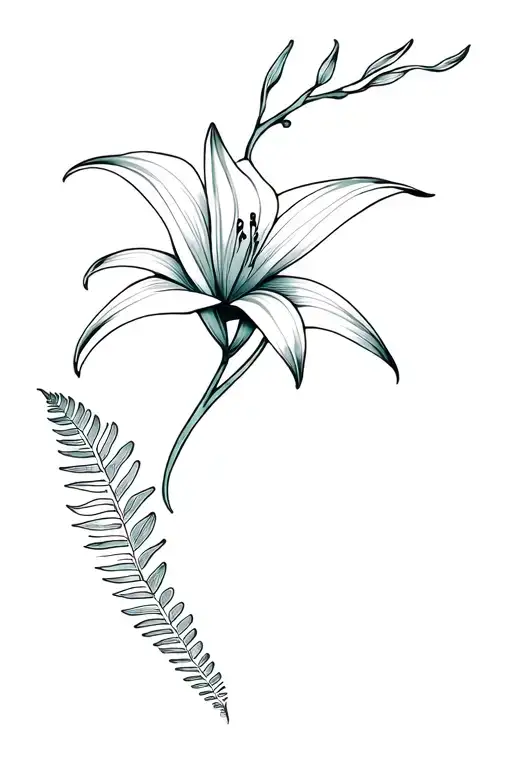 Jersey Lily connected to a koru by a silver fern tattoo design idea