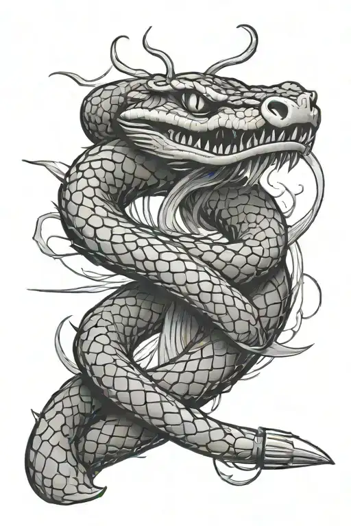 aggressive snake coiling down katana tattoo design idea