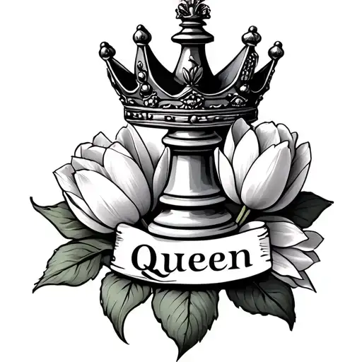 queen crown with tulips and words queen chess piece tattoo design idea
