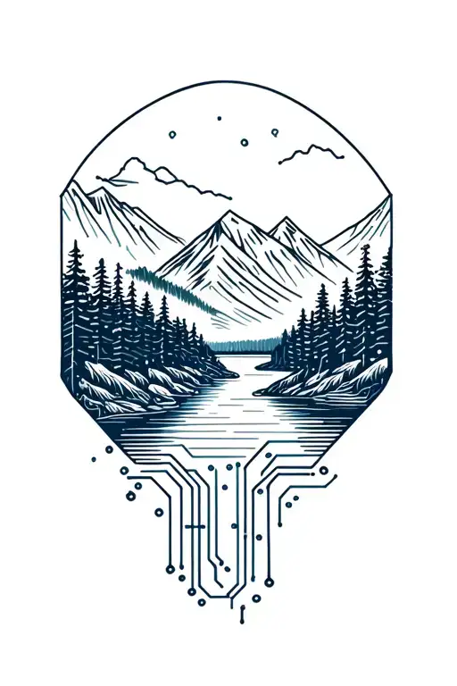 microchip circuit infused with forest with river flowing and  mountain in background  tattoo design idea