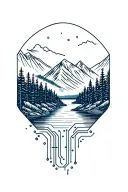 microchip circuit infused with forest with river flowing and  mountain in background  tattoo design idea