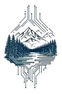 microchip circuit infused with forest with river flowing and  mountain in background  tattoo design idea