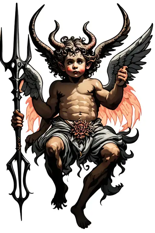 demon Cherub holding pitchfork tattoo design idea