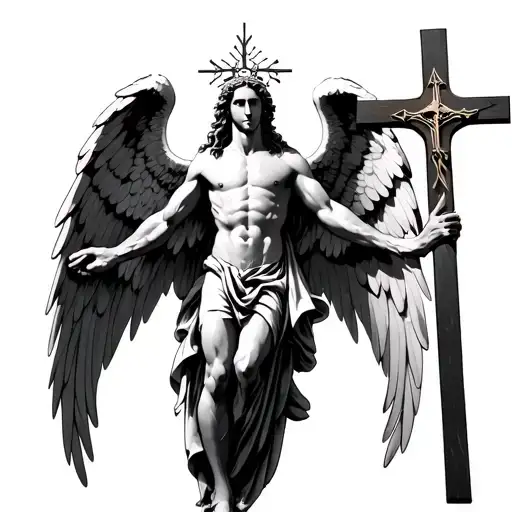 Seraphim with a crucifix between his upper wings tattoo design idea