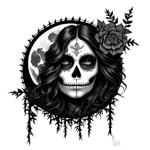 dia de la muerte woman face as a moon and a dark Forrest in the foreground tattoo design idea