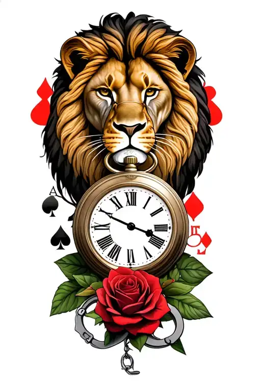lion, spades, pocket watch with roses and lillys and praying hands with handcuffs tattoo design idea