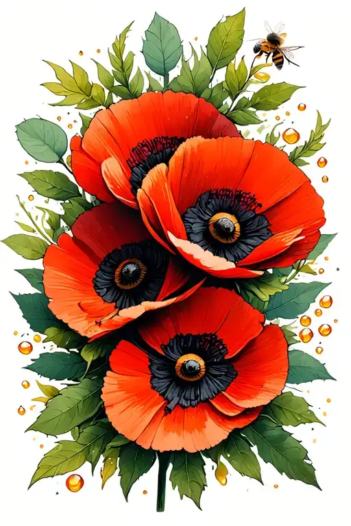 3 red poppies surrounded by eucalyptus leaves with honey bees tattoo design idea