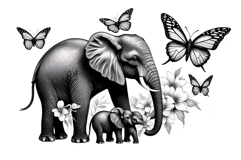 elephant mom, 3 babies, 2 butterflies flying, and flowers tattoo design idea