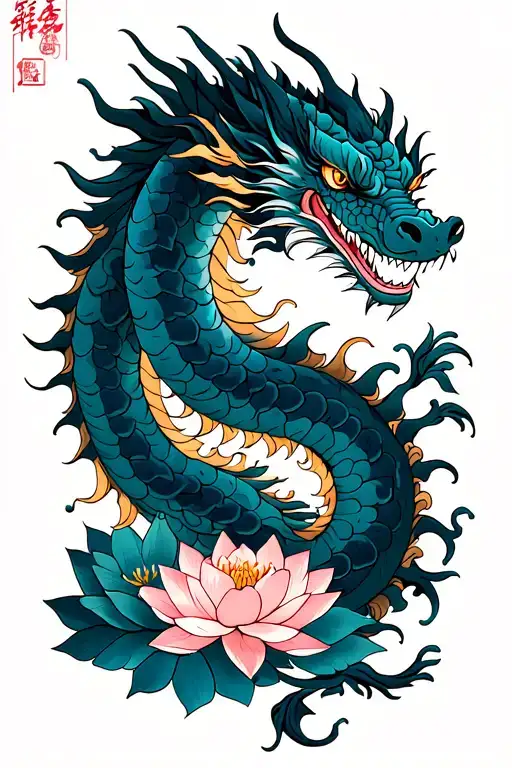 Japanese dragon with lotus flowers and fish and leon fu and more masculine tattoo design idea