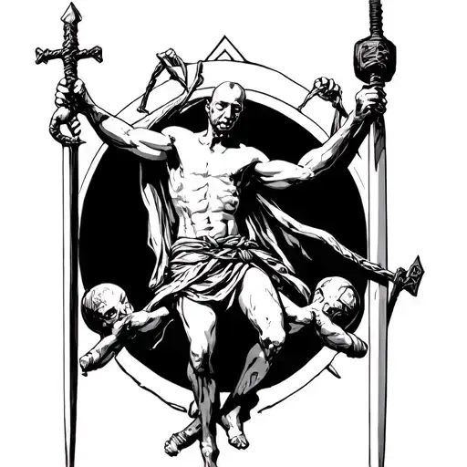 A four-armed man is depicted, with one arm holding a hangman's knot, the other a sword, the third a cudgel, and the four tattoo design idea
