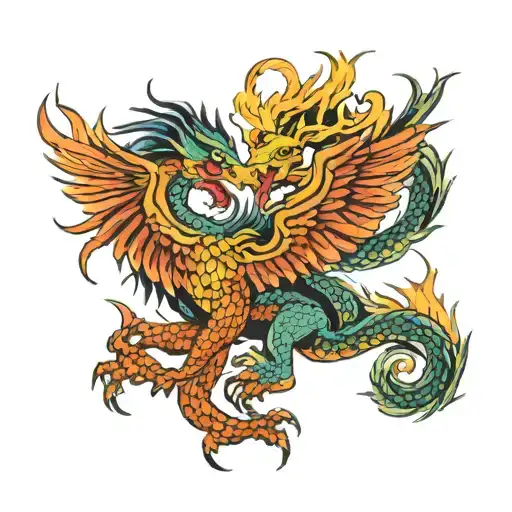 a Vietnamese dragon and a phoenix rising from the ashes tattoo design idea