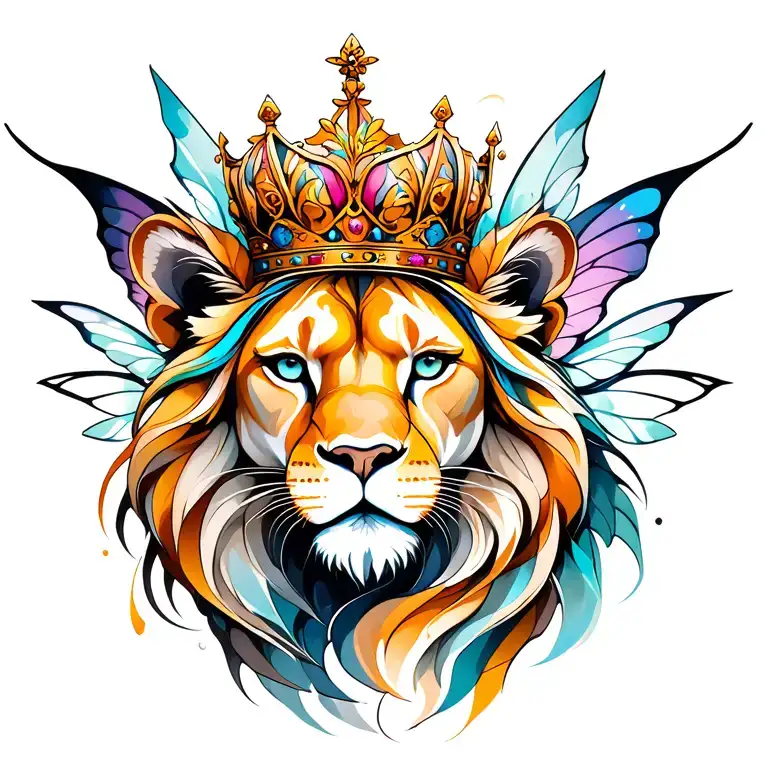 fairy lioness wearing a crown tattoo design idea