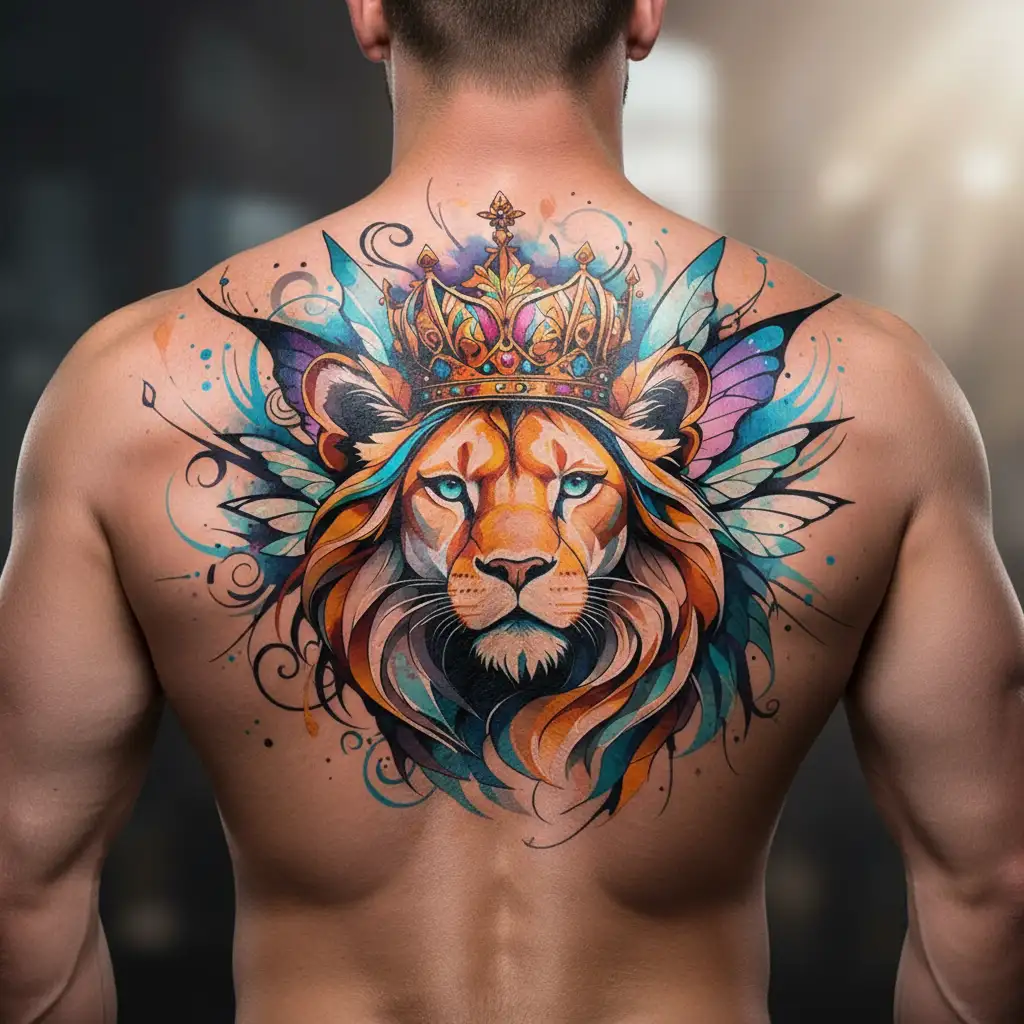 fairy lioness wearing a crown tattoo design idea