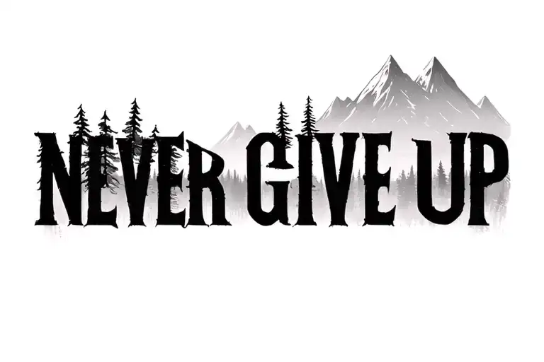 "Never Give Up" Pine Trees and Mountains tattoo design idea
