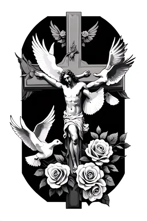 a cross with roses and doves flying with Jesus  tattoo design idea
