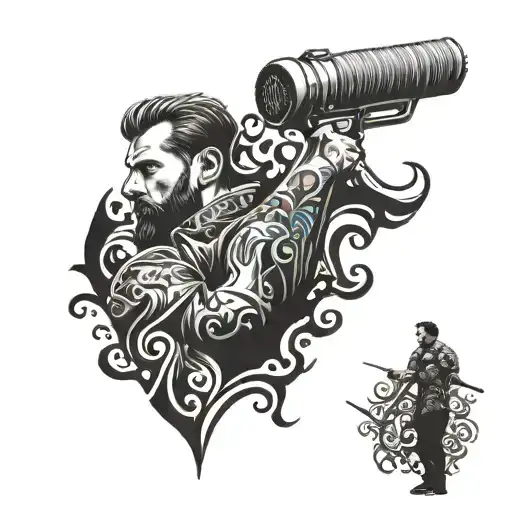 A surreal tattoo of a business owner holding a giant paintbrush, with a spray gun in the other hand, surrounded by swirling paint patterns tattoo design idea