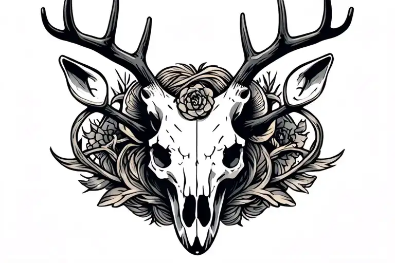 deer skull fish hook gun intertwined tattoo design idea