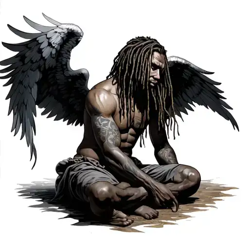male fallen angel with dreads tattoo design idea
