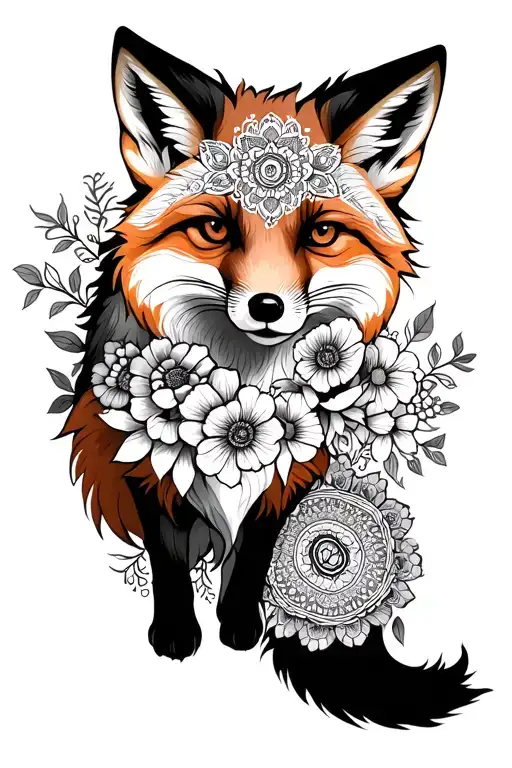 full body fox with flowers and mandala design incorporating tattoo design idea