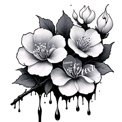 "always and forever" with blood drop cherry blossom intertwined tattoo design idea