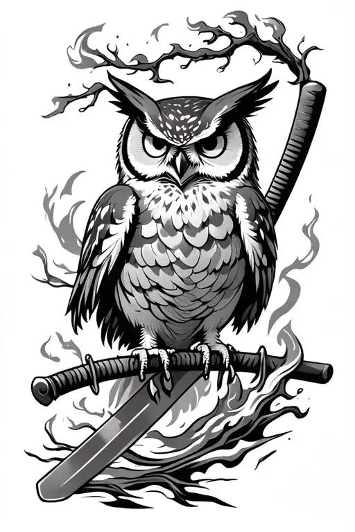 Japanese style, owl, katana, fire coming tattoo design idea