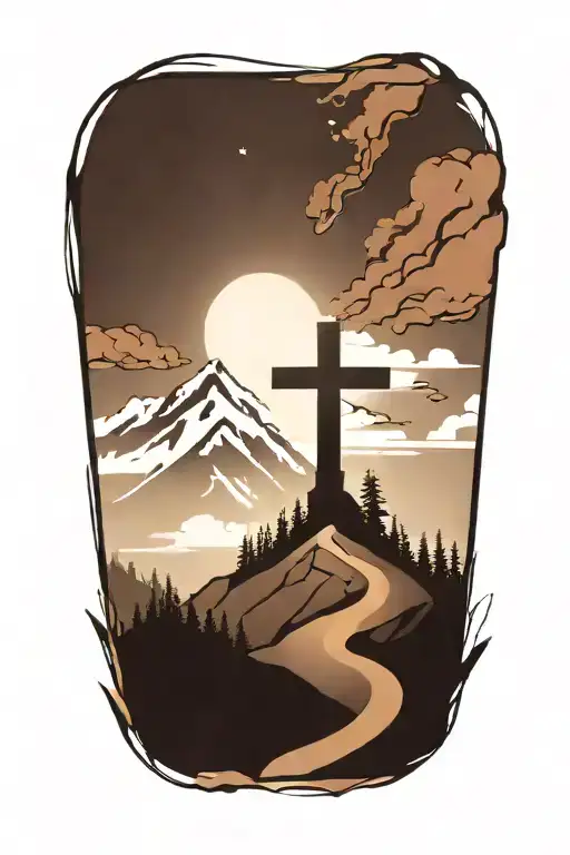 christian cross summit of a mountain landscape ray of sunshine tattoo design idea