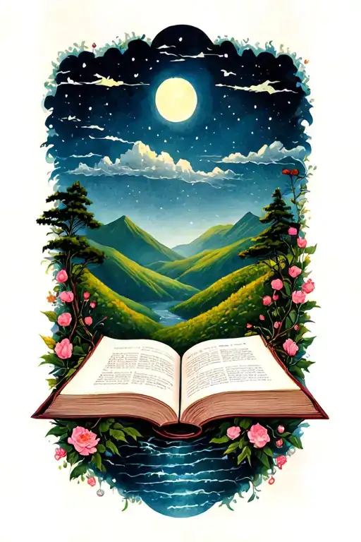 open book below hillside tattoo design idea