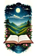 open book below hillside tattoo design idea
