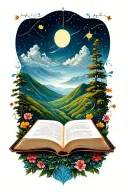 open book below hillside tattoo design idea