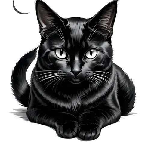 All in black cat sitting in side perspective with a half moon above its head tattoo design idea