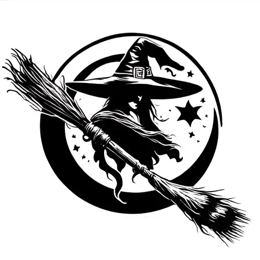 witch's broom In front of moon tattoo design idea
