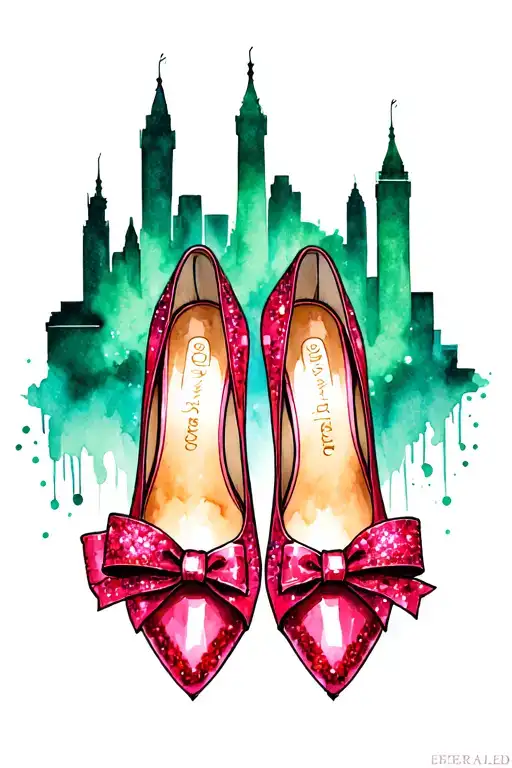  two sparkly ruby slippers with bows on toes of shoe with emerald city in background  tattoo design idea