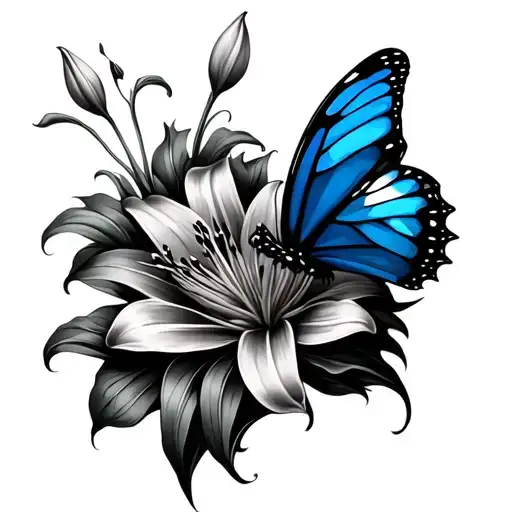lily flower and a blue butterfly flying tattoo design idea