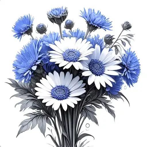 daisy, cornflower with periwinkle flower bouquet tattoo design idea