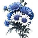 daisy, cornflower with periwinkle flower bouquet tattoo design idea