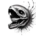 Alien Romulis, an elongated skull with an open mouth with large fangs splashes saliva tattoo design idea