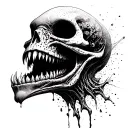 Alien Romulis, an elongated skull with an open mouth with large fangs splashes saliva tattoo design idea