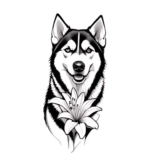 husky and lily tattoo design idea