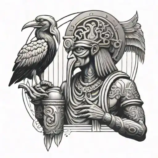 A black-grey tattoo of the god Thoth, depicted with his ibis head and holding a scroll of wisdom tattoo design idea