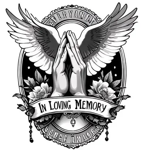 "In Loving Memory" "In Loving Memory" Praying Hands, Rosary, Dove, Black and Gray, Realism tattoo design idea